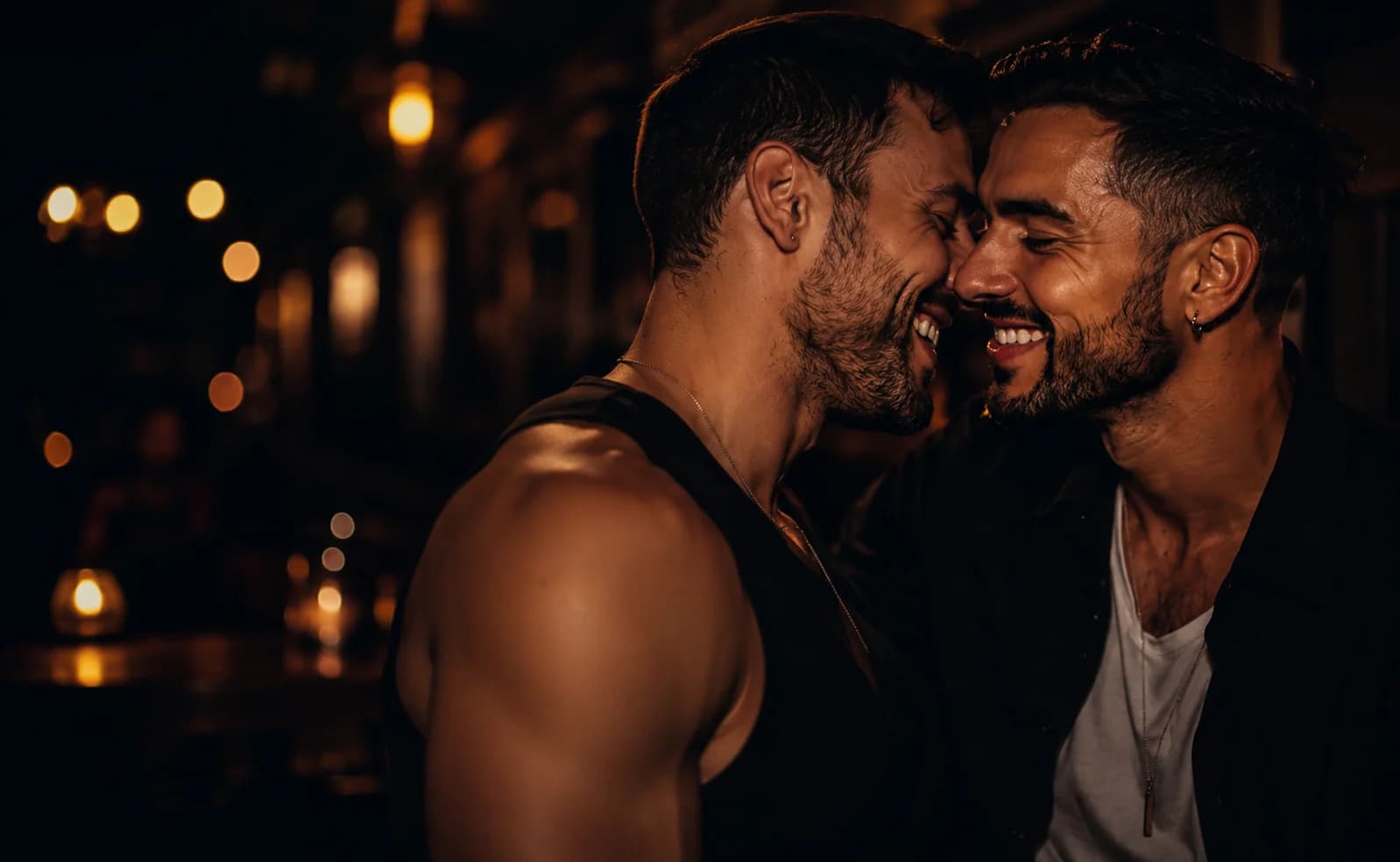 Two men sharing a warm intimate moment at night