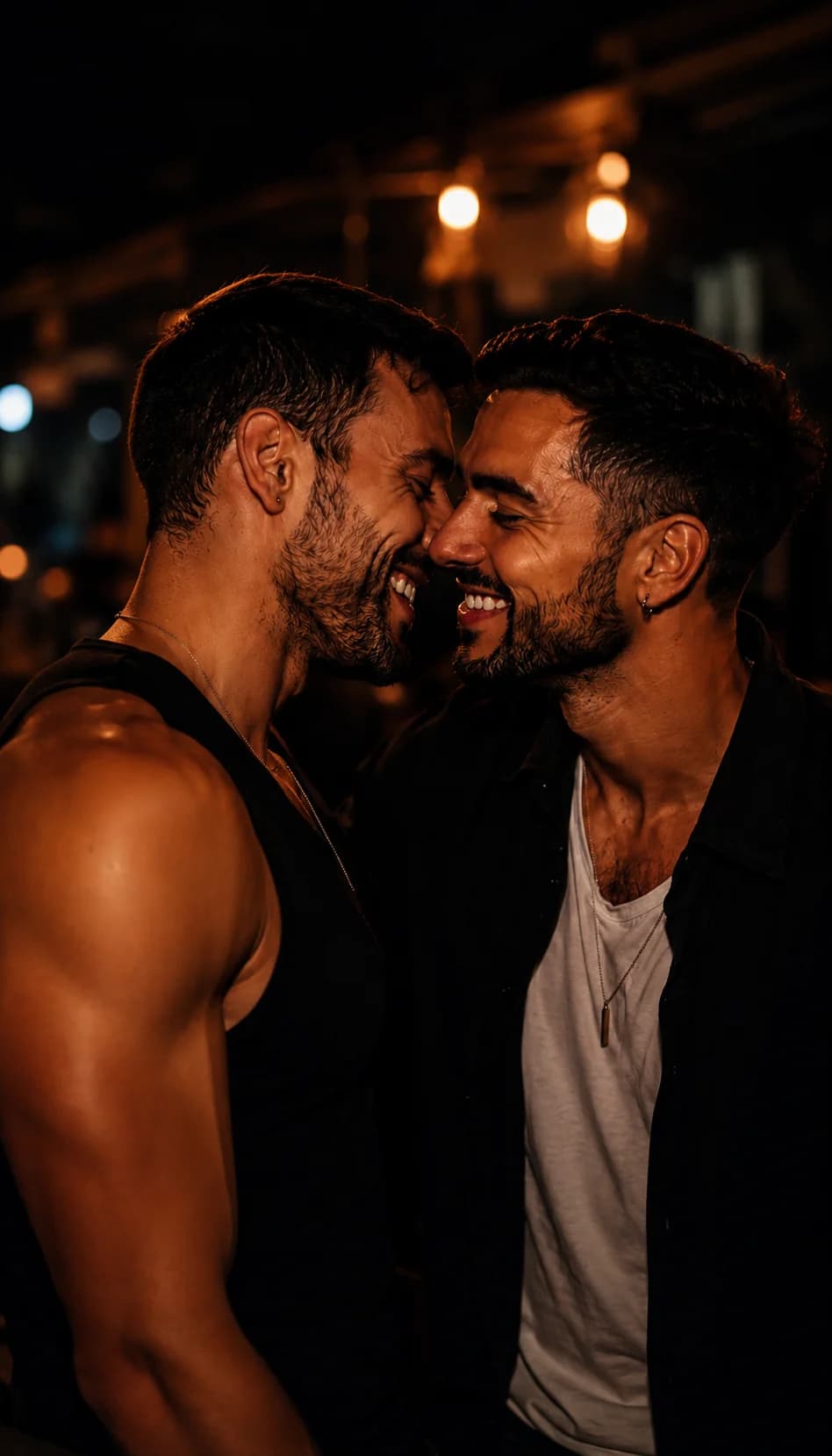 Two men sharing a warm intimate moment at night